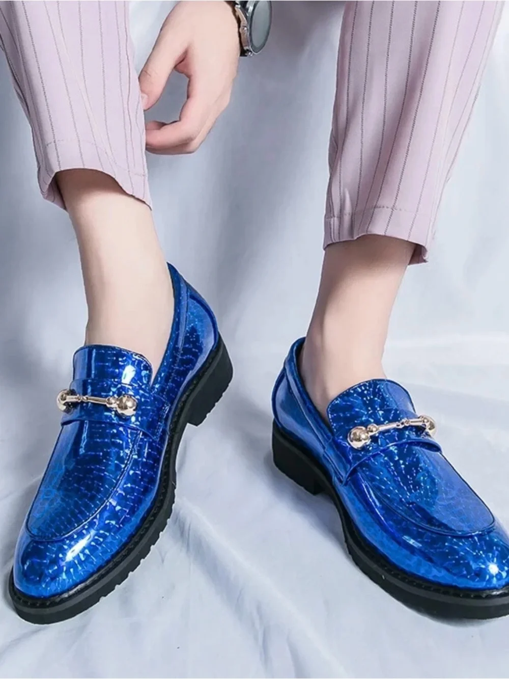 Men's Shiny Blue Slip-On Loafers with Gold Bit Detail